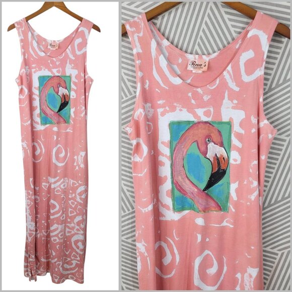 Vtg 90s Flamingo Beach Shirt Dress Small Medium Pink Maxi Long Tie Dye Choice Up - Picture 1 of 7